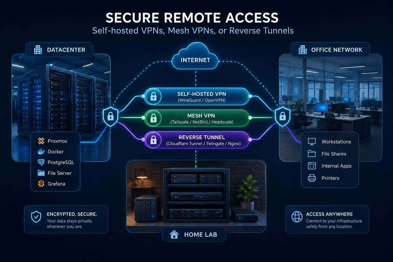 Network diagram showing servers, a home lab, and an office network connected through different VPN tunnels and mesh links.