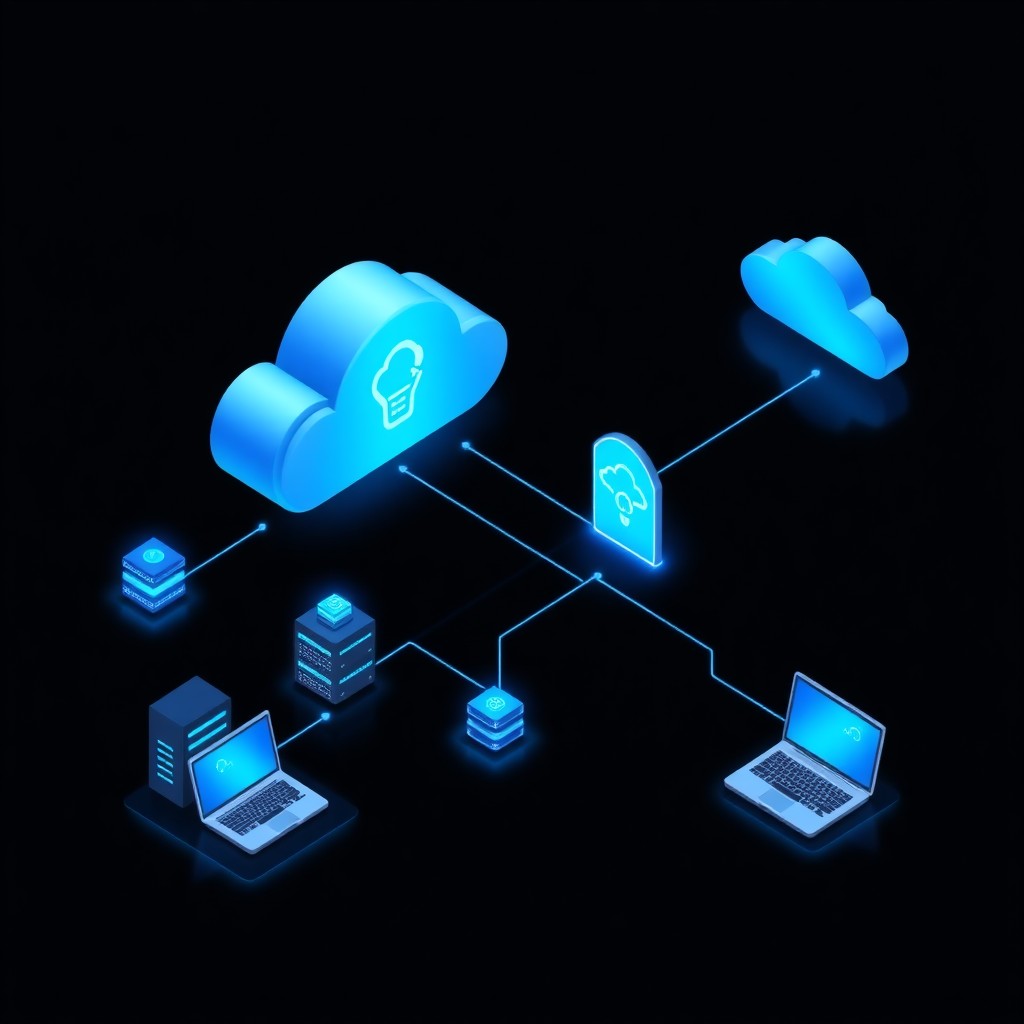 Abstract network topology visualization showing secure VPN tunnel connecting cloud infrastructure, servers, and remote devices